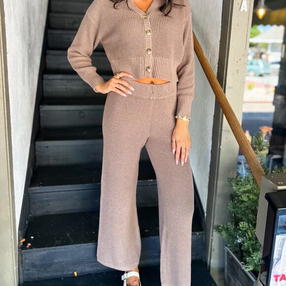 Heather Brown Waffle Knit Flared Pant